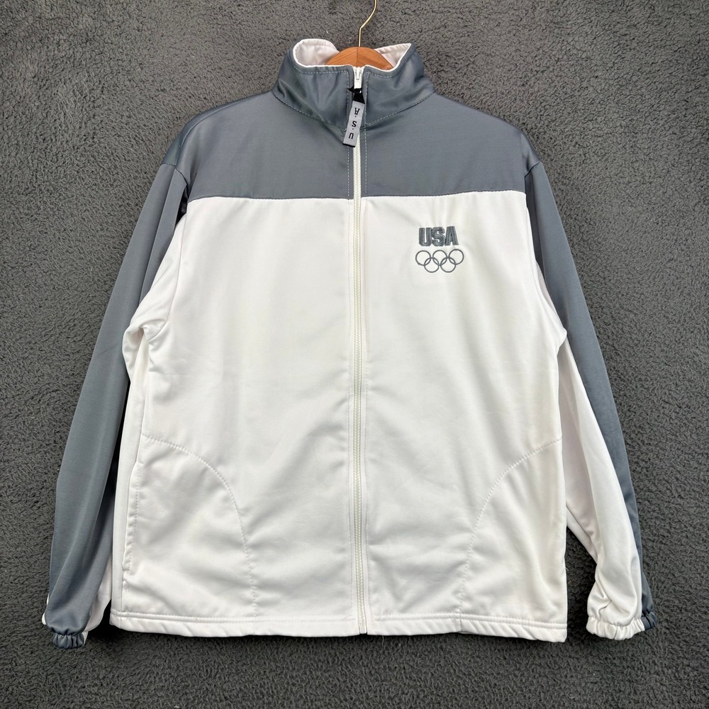 USA Olympics Team USA Track Jacket Mens Large Gray White Full Zip Made in USA